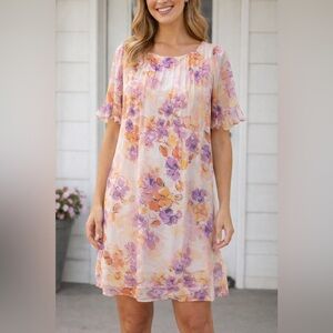 Floral Sheer Tunic Dress Pink Purple Orange Flowy Spring Medium